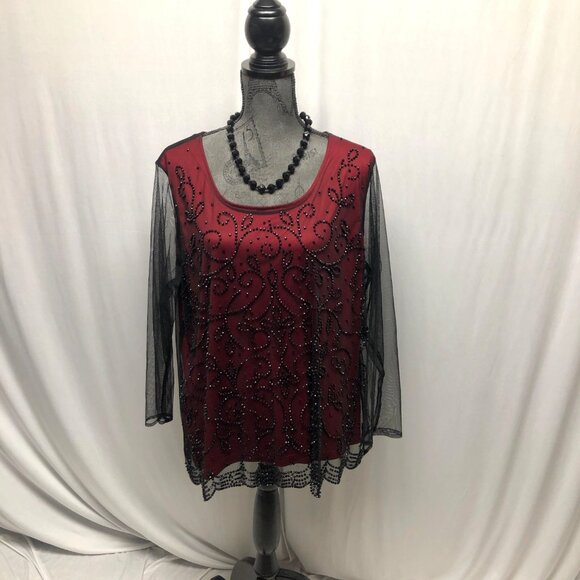 Lane Bryant Top Womens Size XL Embellished Red Black Sheer Mesh Whimsigoth Party - Picture 1 of 8